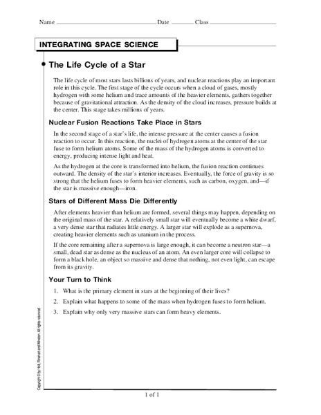 The Life Cycle of a Star Worksheet