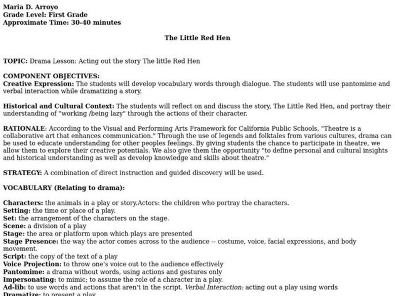 The Little Red Hen Lesson Plan