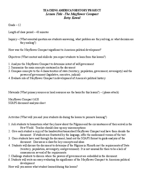 The Mayflower Compact Lesson Plan