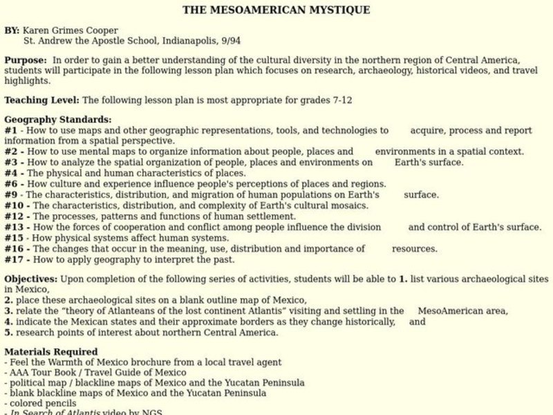 THE MESOAMERICAN MYSTIQUE Lesson Plan