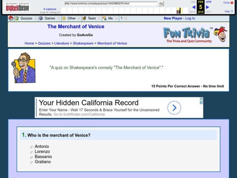 The Merchant of Venice Quiz Worksheet