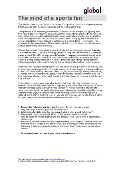 The Mind of a Sports Fan Worksheet