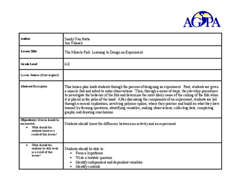 The Miracle Fish: Learning to Design an Experiment Lesson Plan