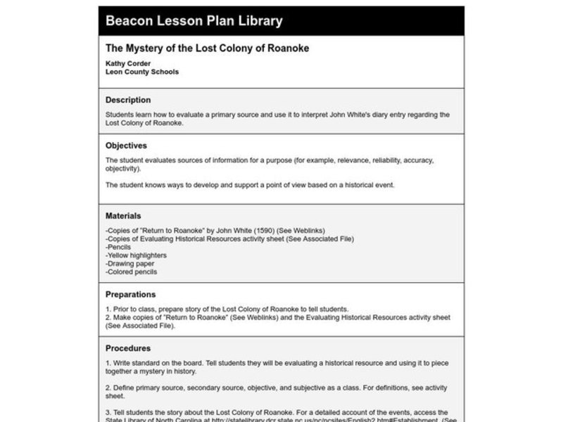The Mystery of the Lost Colony of Roanoke Lesson Plan