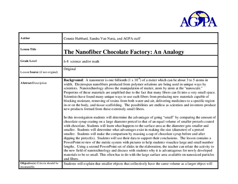 The Nanofiber Chocolate Factory: An Analogy Lesson Plan