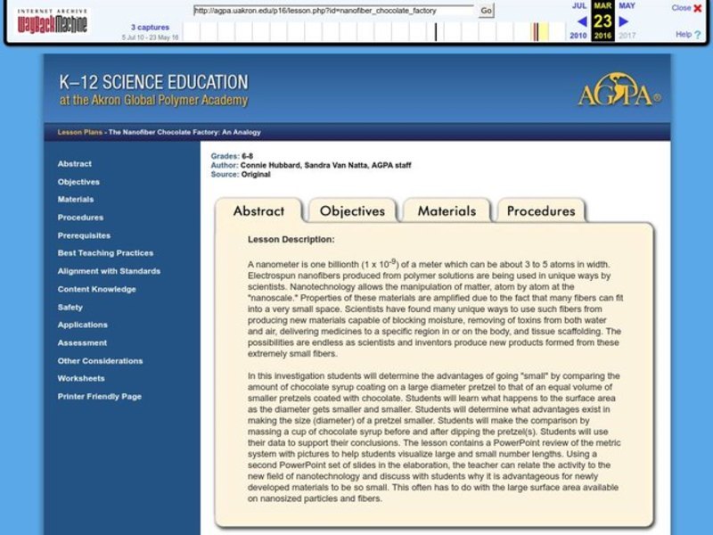 The Nanofiber Chocolate Factory: An Analogy Lesson Plan