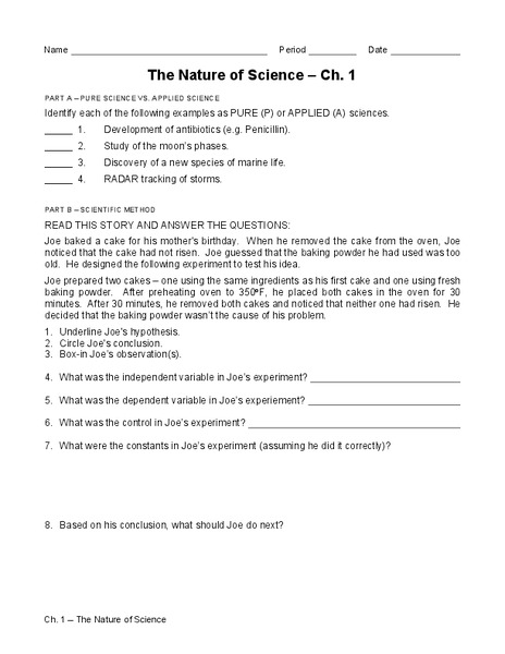 The Nature of Science Worksheet