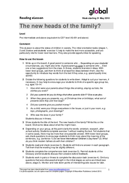 The New Heads of the Family? Lesson Plan