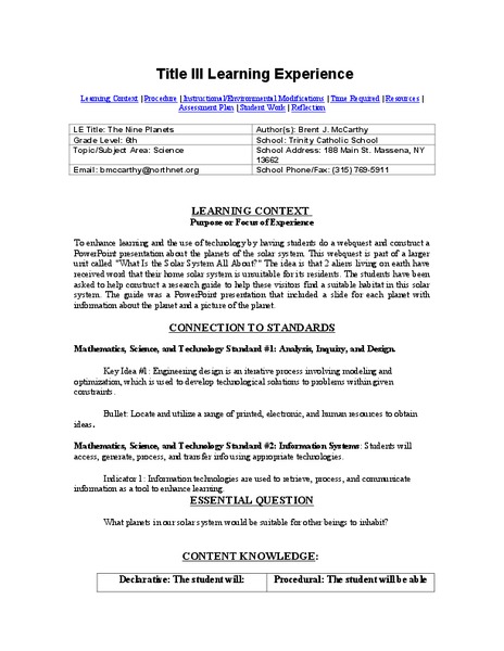 The Nine Planets Lesson Plan