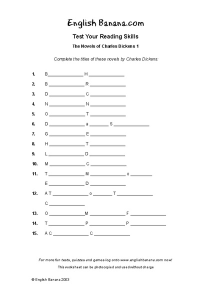 The Novels of Charles Dickens Worksheet