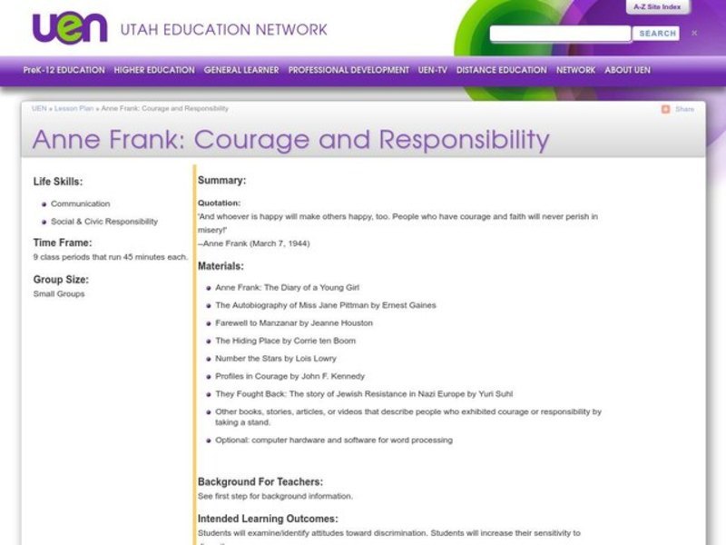 Anne Frank: Courage and Responsibility Lesson Plan