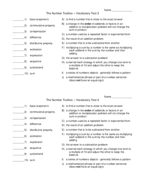 The Number Toolbox-Vocabulary Test Worksheet