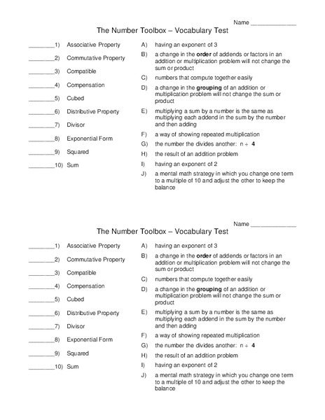The Number Toolbox-Vocabulary Test Worksheet