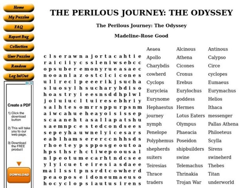 The Odyssey Word Puzzle Worksheet