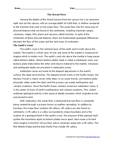 The Ocean Floor Worksheet