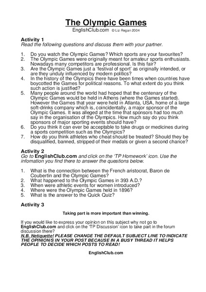 The Olympic Games Worksheet