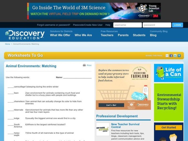 Animal Environments Worksheet