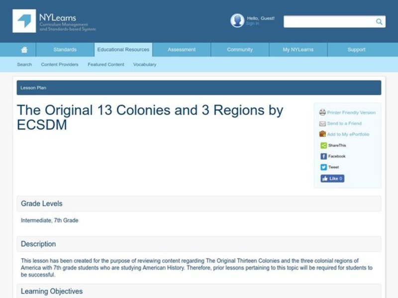 The Original 13 Colonies and 3 Regions Lesson Plan