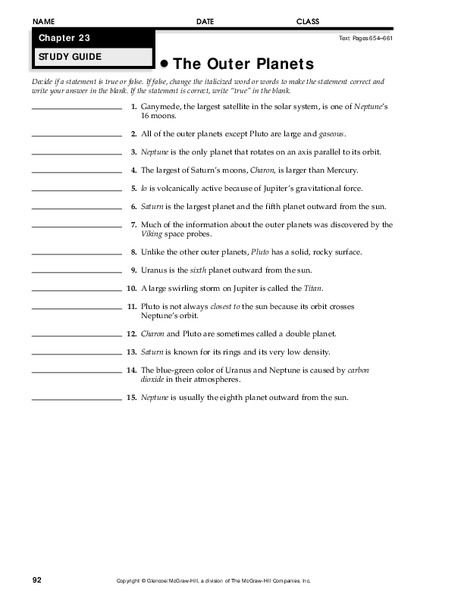The Outer Planets Worksheet