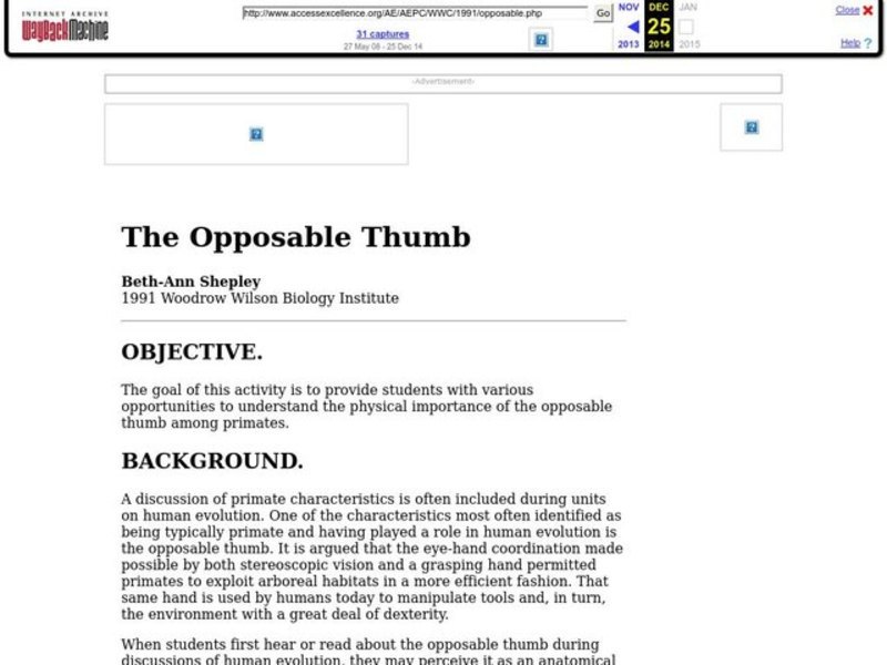 The Opposable Thumb Lesson Plan