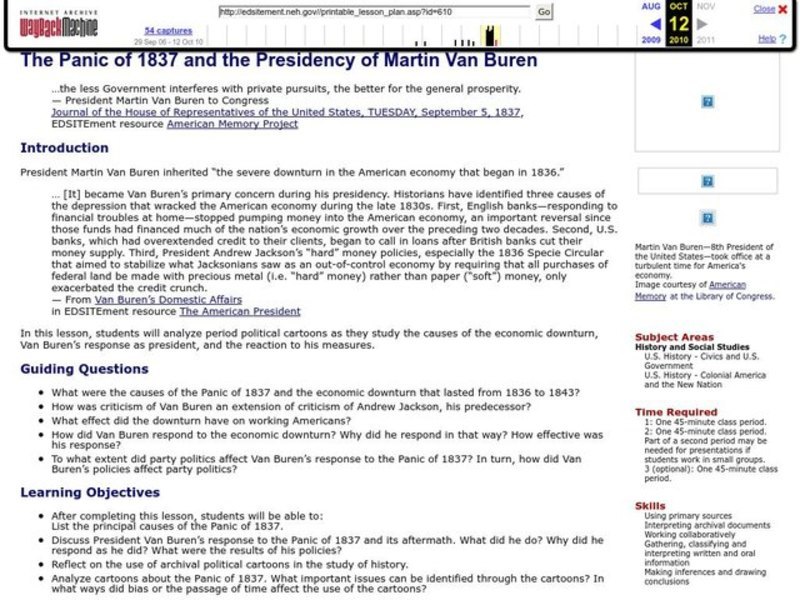 The Panic of 1837 and the Presidency of Martin Van Buren Lesson Plan