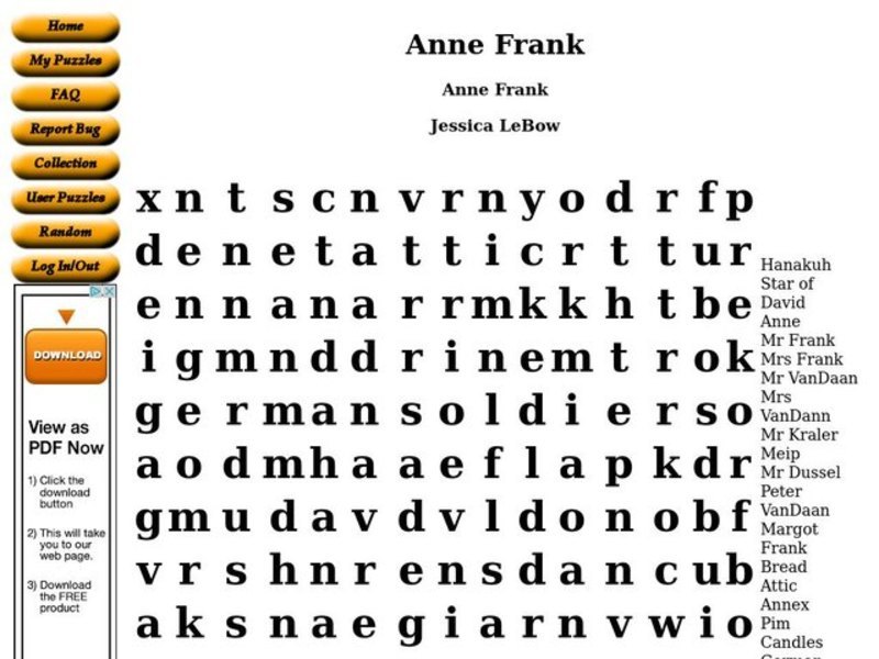 Anne Frank Worksheet