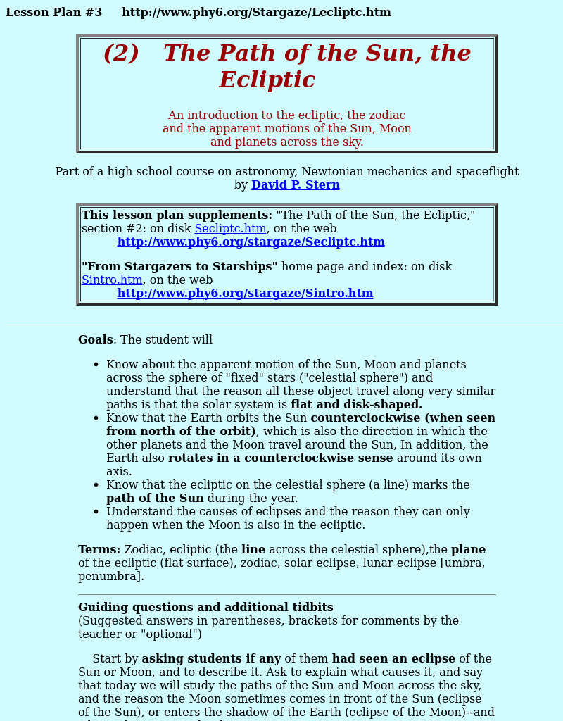 The Path of the Sun, the Ecliptic Lesson Plan