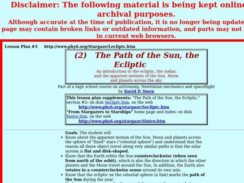 The Path of the Sun, the Ecliptic Lesson Plan