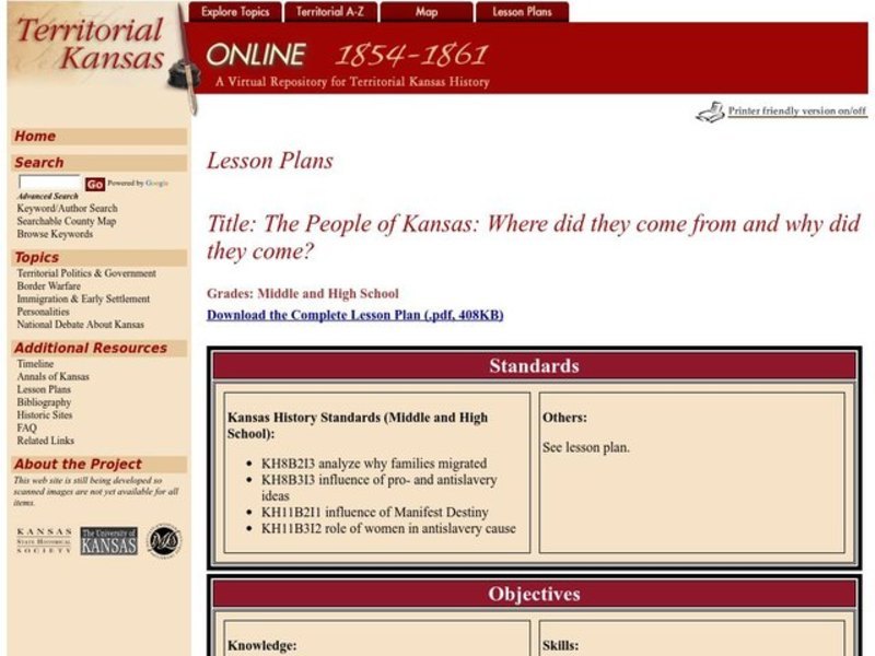 The People of Kansas: Where did they come from and why did they come? Lesson Plan