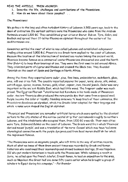 The Phoenicians Worksheet