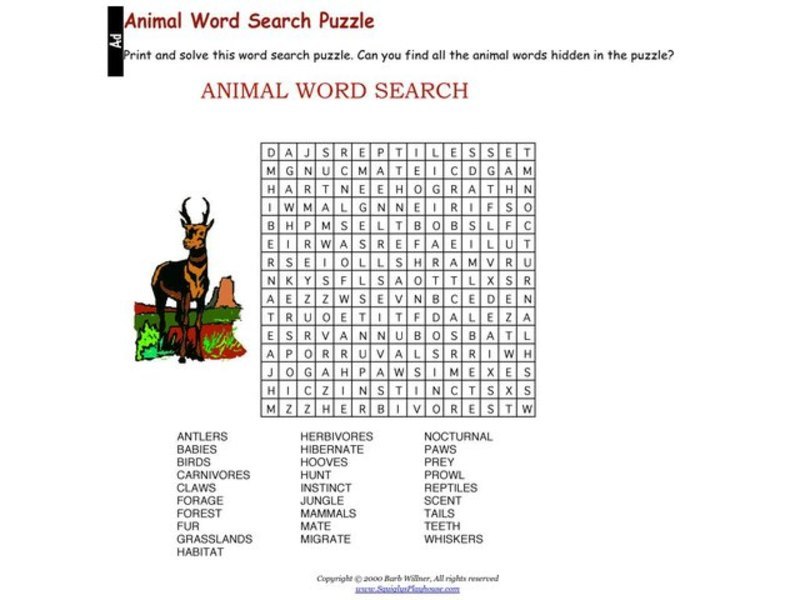 Animal Word Search Worksheet