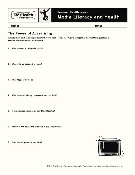 Handout: Media Literacy and Health (Grades 9 to 12) Worksheet