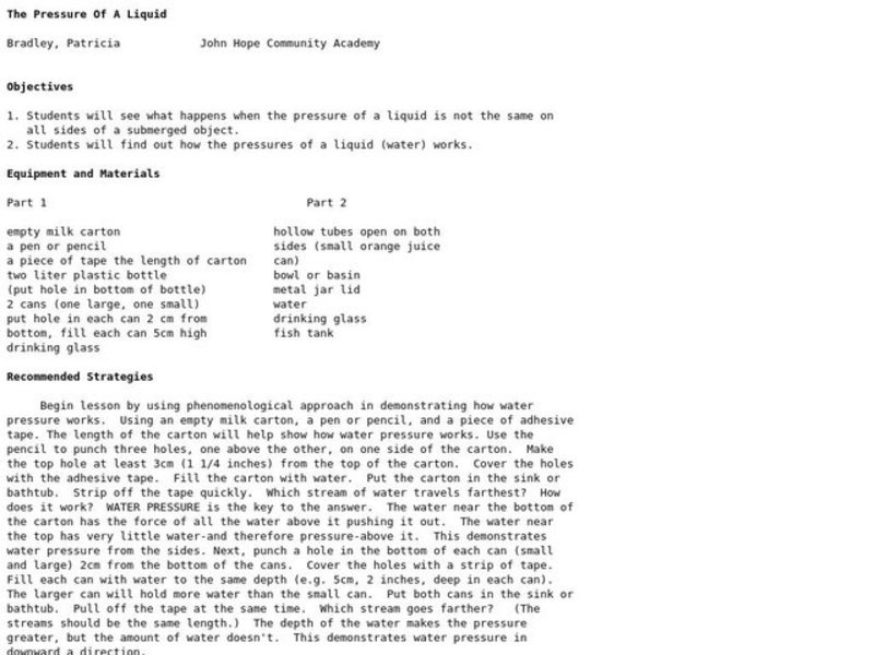 The Pressure Of A Liquid Lesson Plan
