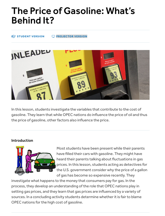 The Price of Gasoline: What's Behind It? Lesson Plan