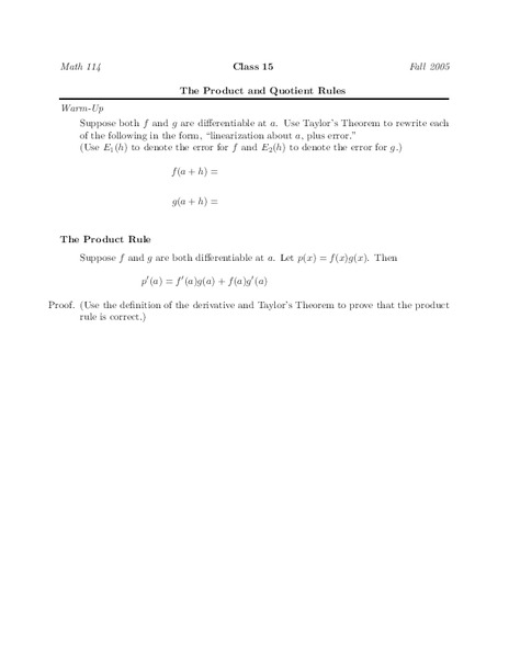 The Product and Quotient Rules Worksheet