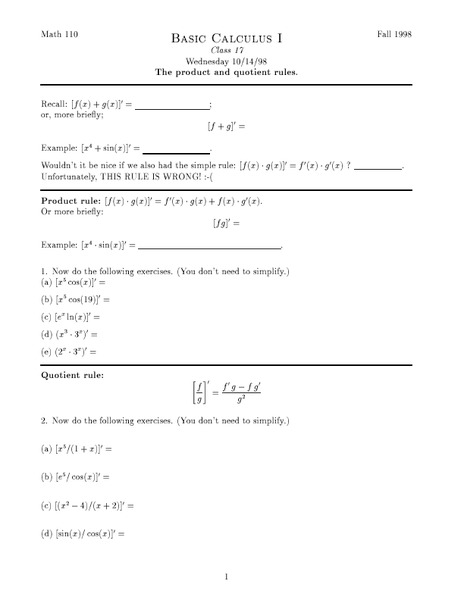 The Product and Quotient Rules Worksheet