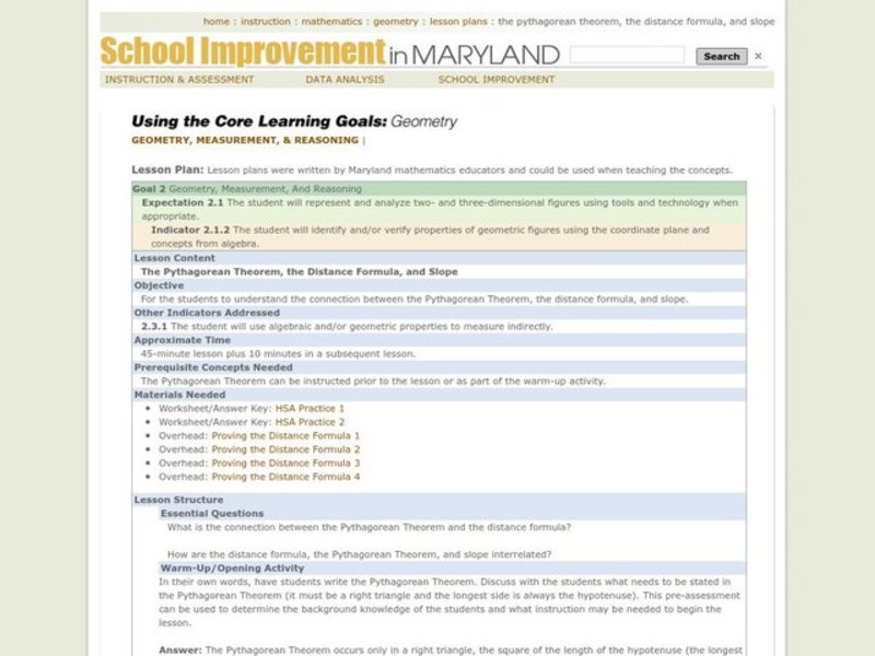 The Pythagorean Theorem, the Distance Formula, and Slope Lesson Plan
