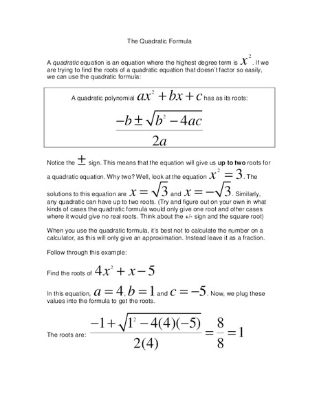The Quadratic Formula Worksheet