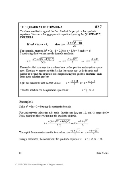 The Quadratic Formula Worksheet