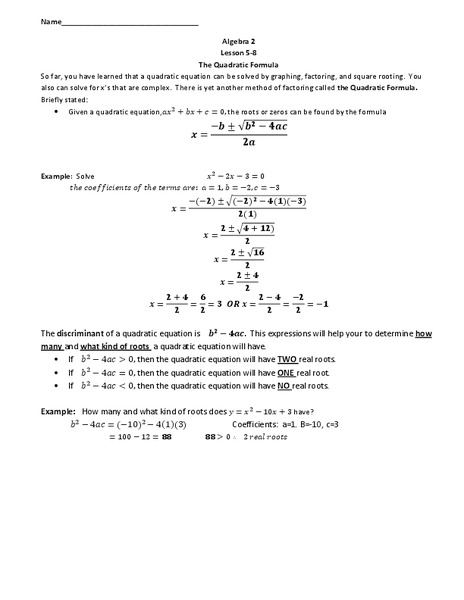 The Quadratic Formula Worksheet