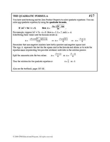 The Quadratic Formula Worksheet