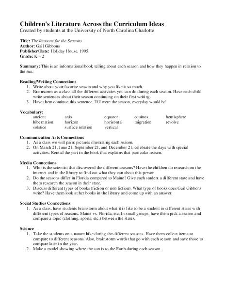 The Reasons For The Seasons Lesson Plan