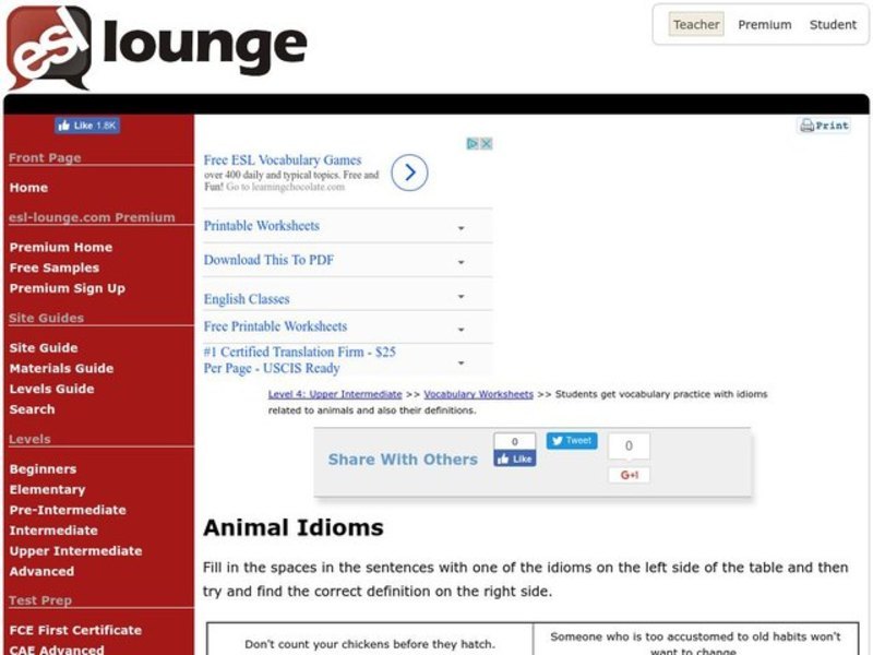 Animal Idioms Worksheet