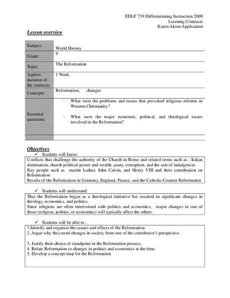 The Reformation Lesson Plan