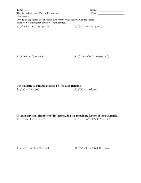 The Remainder and Factor Theorems Worksheet