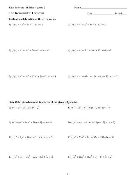 The Remainder Theorem Worksheet