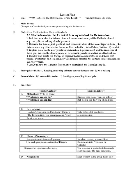 The Reformation Lesson Plan
