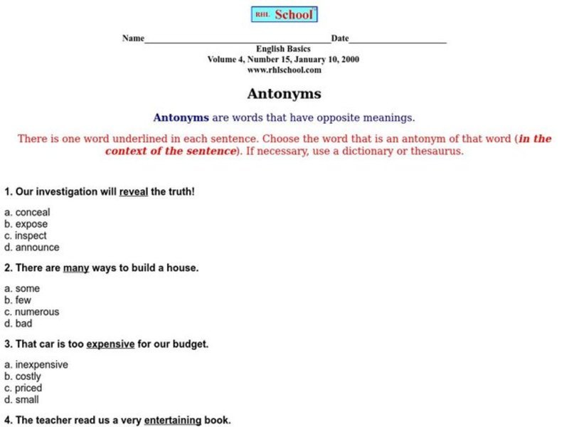 Antonyms Worksheet