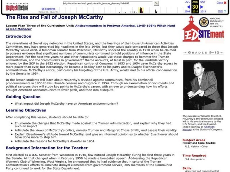 The Rise and Fall of Joseph McCarthy Lesson Plan