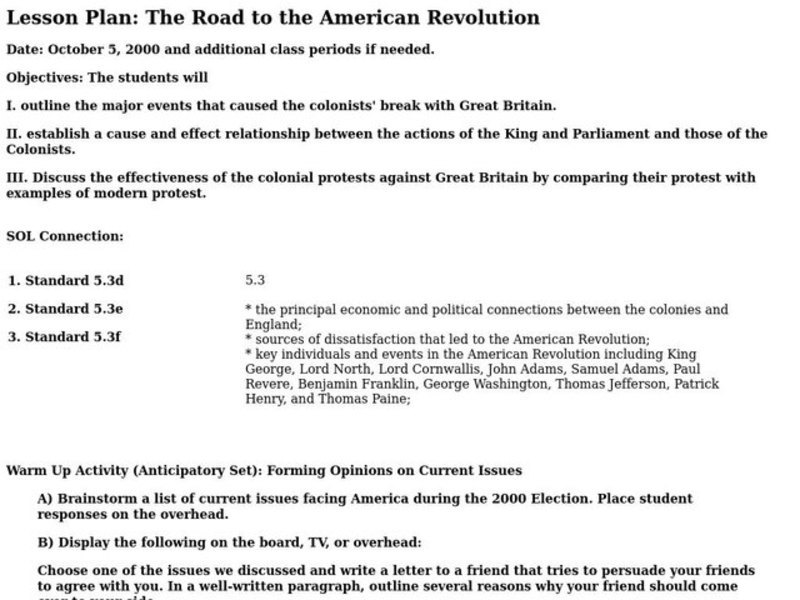 The Road to the American Revolution Lesson Plan